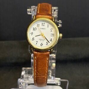 Timex Indiglo Wrist Watch Womens 7 inch Brown Leather Gold Tone Date Analog